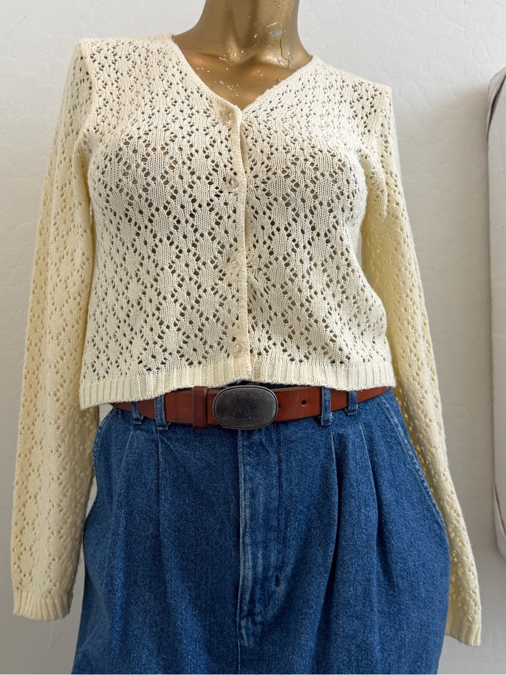 Vintage 90s 5·7·9 Cream Pointelle Open Knit V-neck Cardigan Sweater M